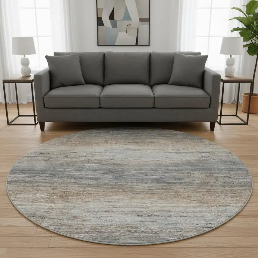 8' X 8' Pewter Gray And Beige Striped Washable Round Rug With UV Protection Photo 2