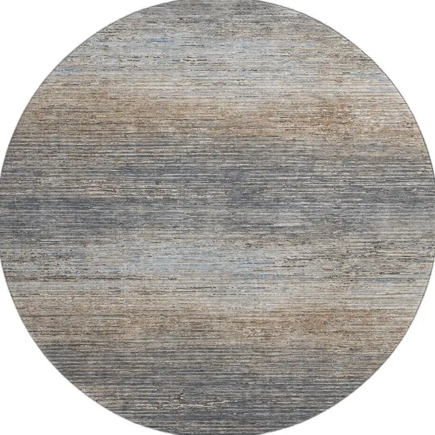 8' X 8' Pewter Gray And Beige Striped Washable Round Rug With UV Protection Photo 2