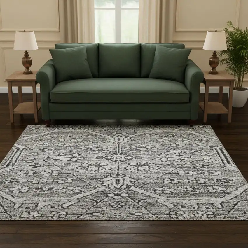 8' X 8' Pewter Gray And Silver Floral Washable Round Rug With UV Protection Photo 2