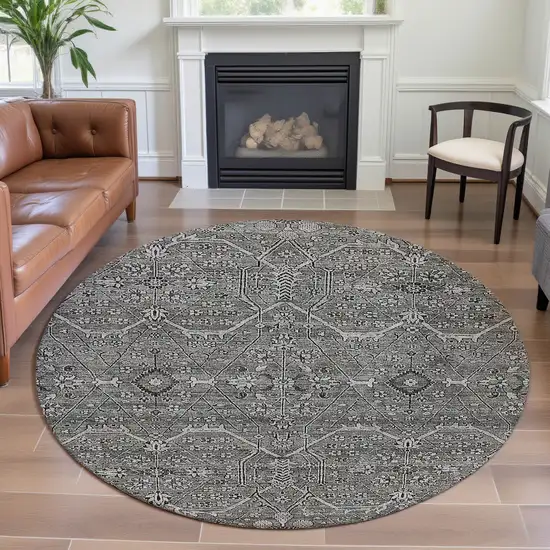 8' X 8' Pewter Gray And Silver Floral Washable Round Rug With UV Protection Photo 4