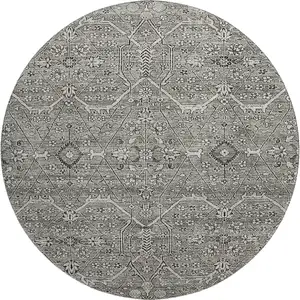 Photo of 8' X 8' Pewter Gray And Silver Floral Washable Round Rug With UV Protection