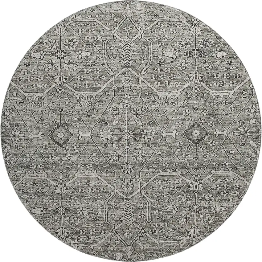 8' X 8' Pewter Gray And Silver Floral Washable Round Rug With UV Protection Photo 1
