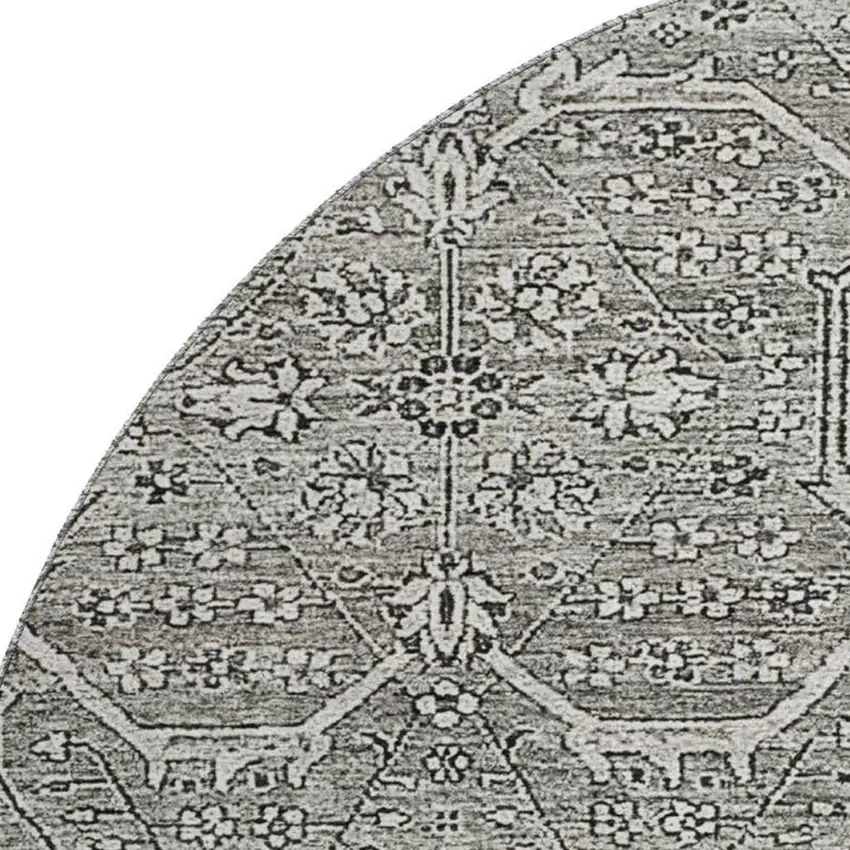 8' X 8' Pewter Gray And Silver Floral Washable Round Rug With UV Protection Photo 2