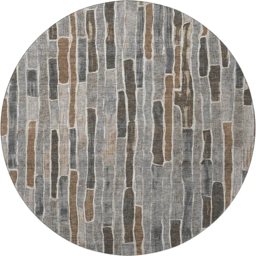 8' X 8' Pewter Gray And Silver Striped Washable Round Rug With UV Protection Photo 2