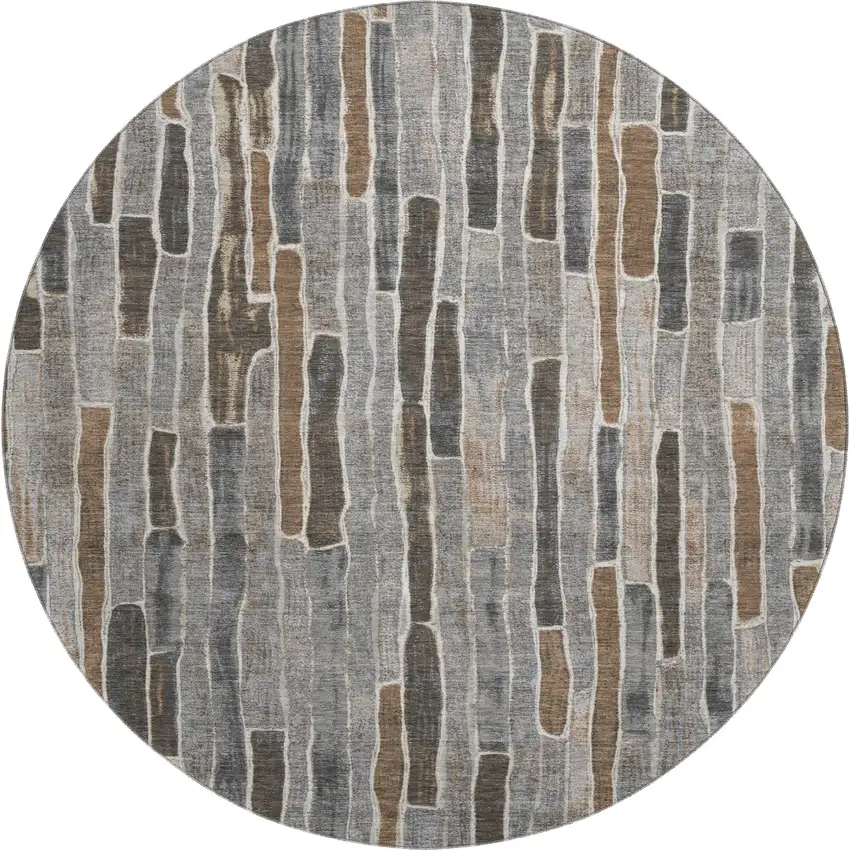 8' X 8' Pewter Gray And Silver Striped Washable Round Rug With UV Protection Photo 1