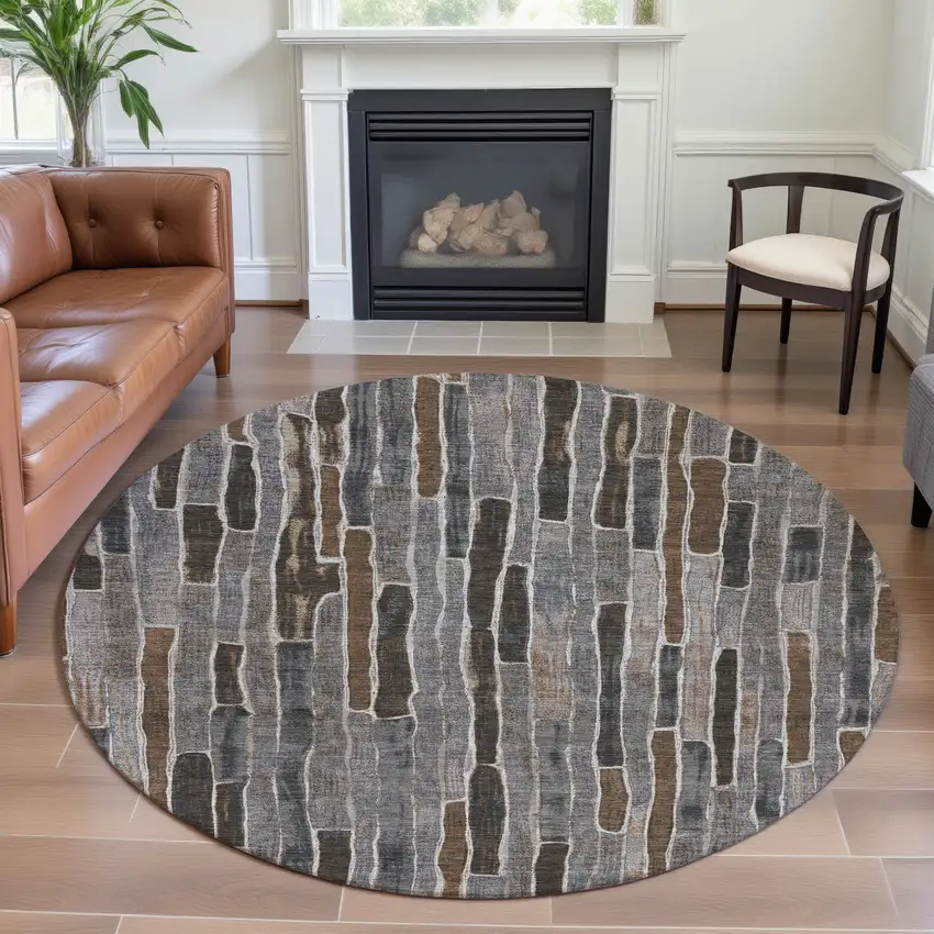 8' X 8' Pewter Gray And Silver Striped Washable Round Rug With UV Protection Photo 3