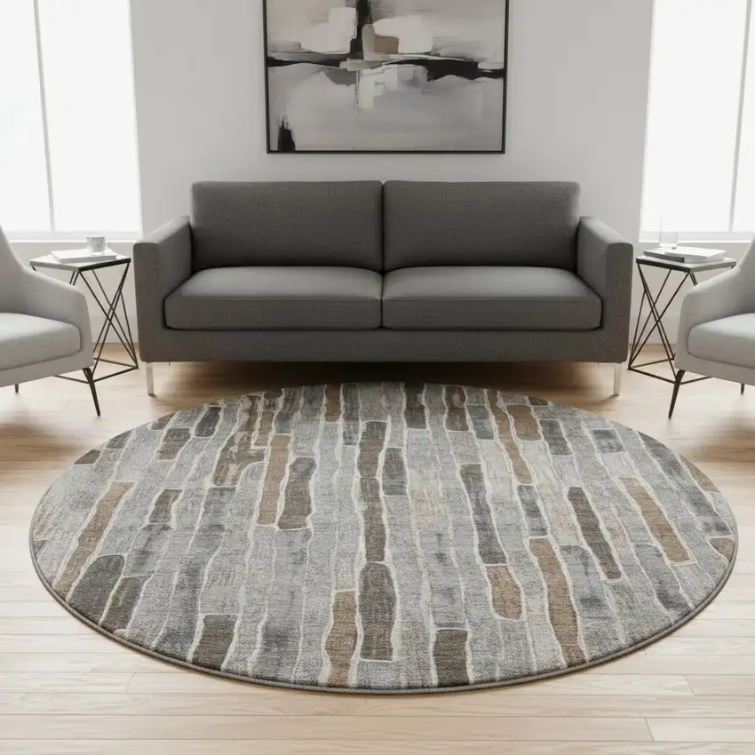 8' X 8' Pewter Gray And Silver Striped Washable Round Rug With UV Protection Photo 2