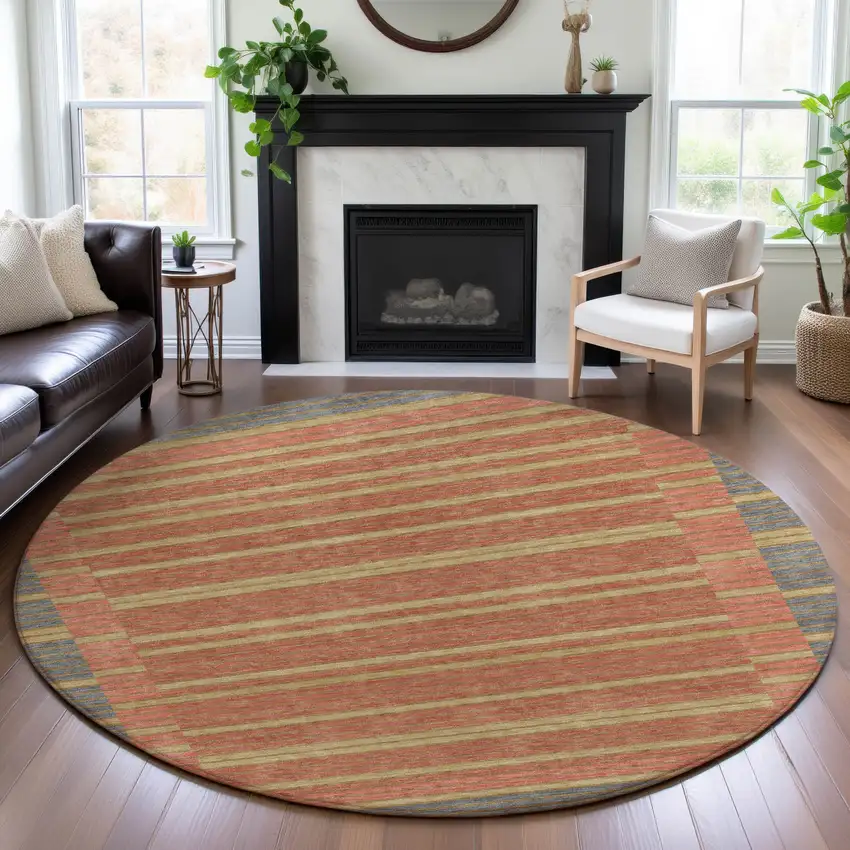 8' X 8' Pewter Salmon And Gold Striped Washable Round Rug With UV Protection Photo 4
