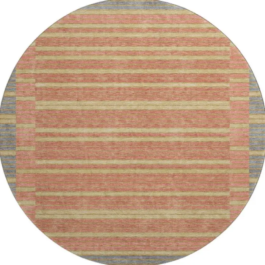 8' X 8' Pewter Salmon And Gold Striped Washable Round Rug With UV Protection Photo 3