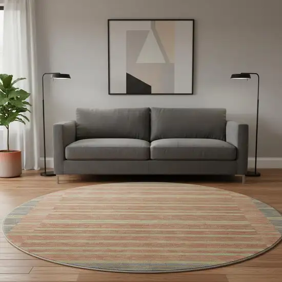 8' X 8' Pewter Salmon And Gold Striped Washable Round Rug With UV Protection Photo 2