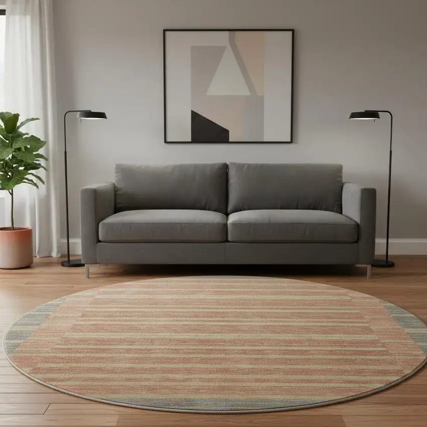 8' X 8' Pewter Salmon And Gold Striped Washable Round Rug With UV Protection Photo 2