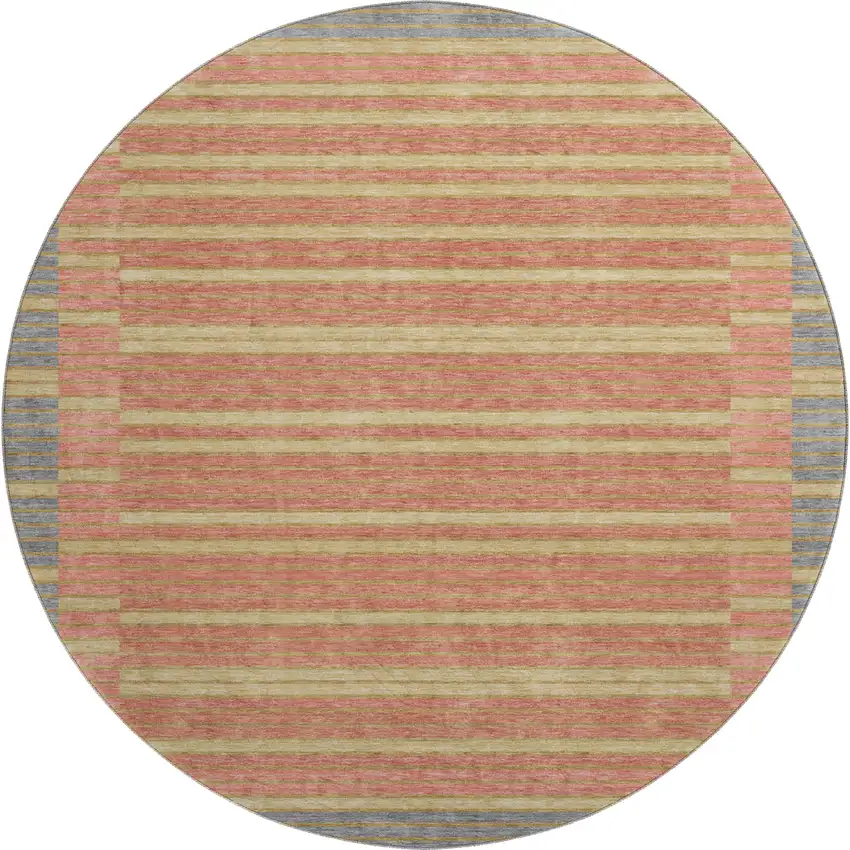 8' X 8' Pewter Salmon And Gold Striped Washable Round Rug With UV Protection Photo 1