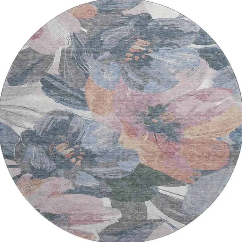8' X 8' Pewter Salmon And Gray Floral Washable Round Rug With UV Protection Photo 3