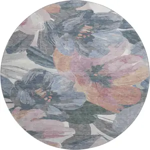 Photo of 8' X 8' Pewter Salmon And Gray Floral Washable Round Rug With UV Protection
