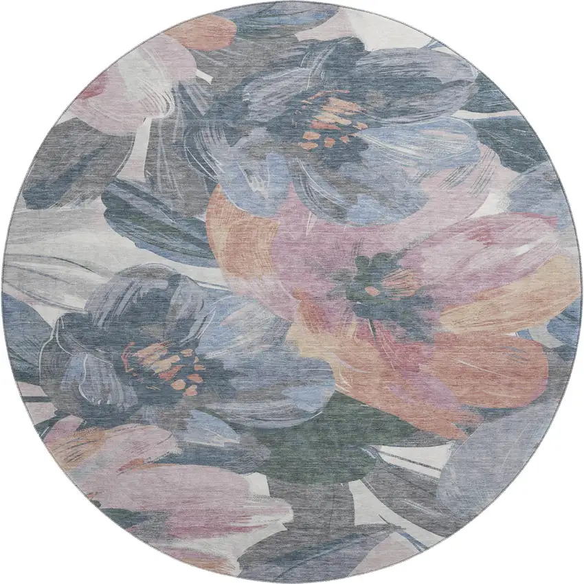 8' X 8' Pewter Salmon And Gray Floral Washable Round Rug With UV Protection Photo 1