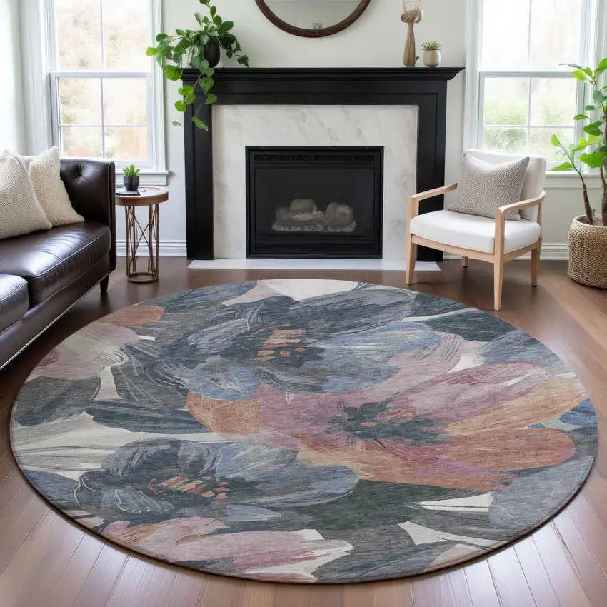 8' X 8' Pewter Salmon And Gray Floral Washable Round Rug With UV Protection Photo 4