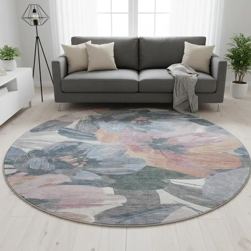 8' X 8' Pewter Salmon And Gray Floral Washable Round Rug With UV Protection Photo 2