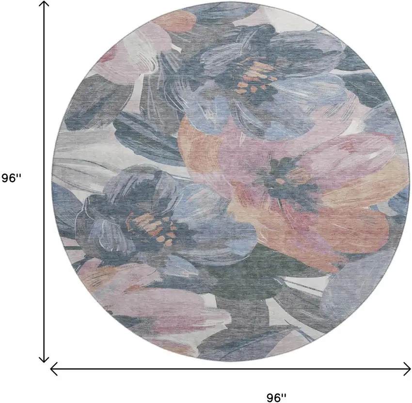 8' X 8' Pewter Salmon And Gray Floral Washable Round Rug With UV Protection Photo 9