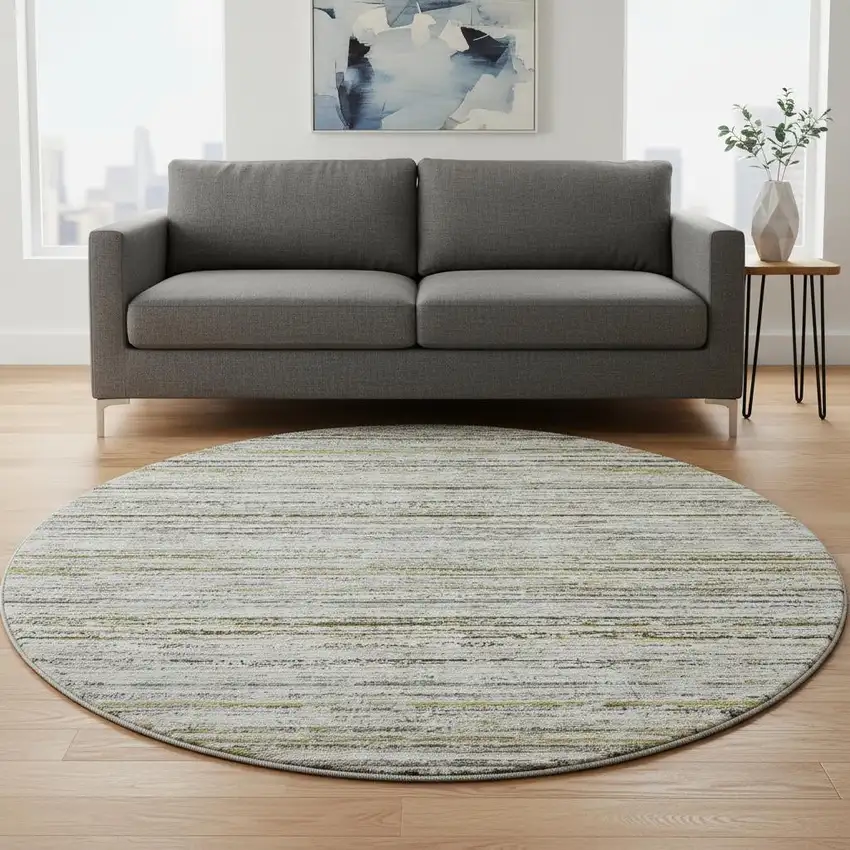 8' X 8' Pewter Silver And Gray Striped Washable Round Rug With UV Protection Photo 2