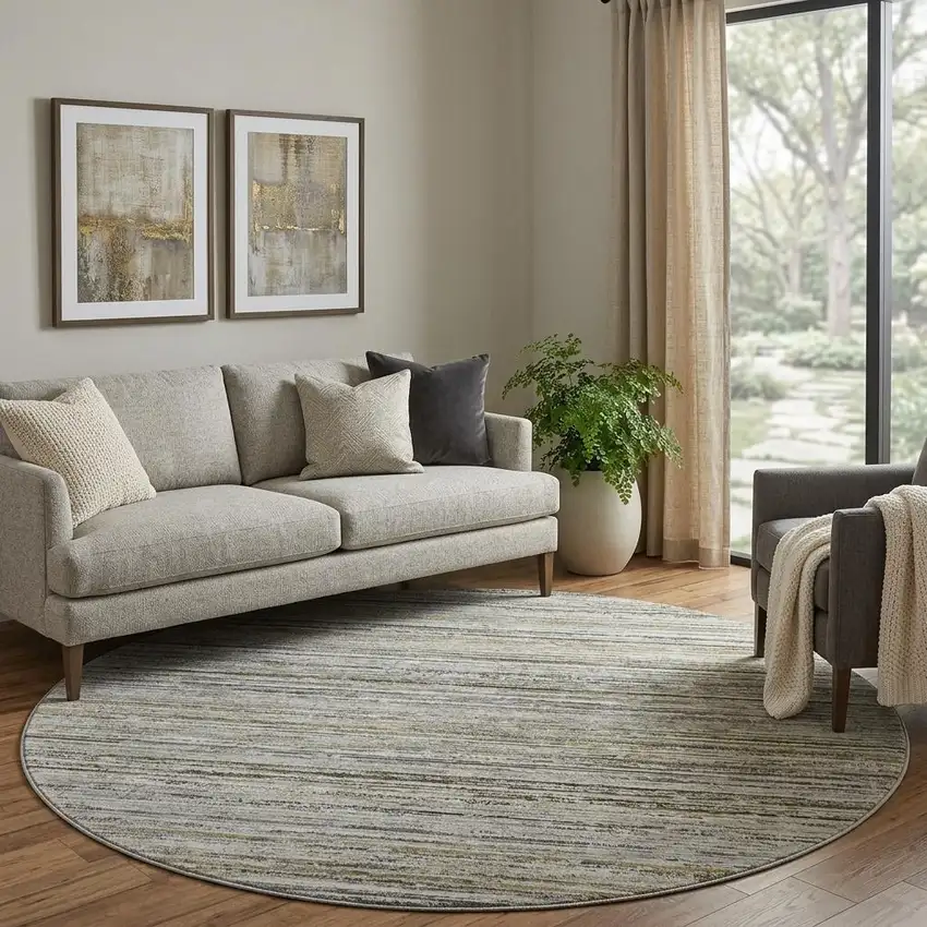 8' X 8' Pewter Silver And Gray Striped Washable Round Rug With UV Protection Photo 1
