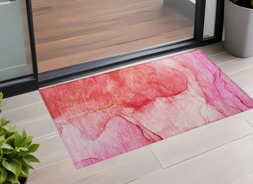 Pink Abstract Washable Non Skid Indoor Outdoor Area Rug Photo 1