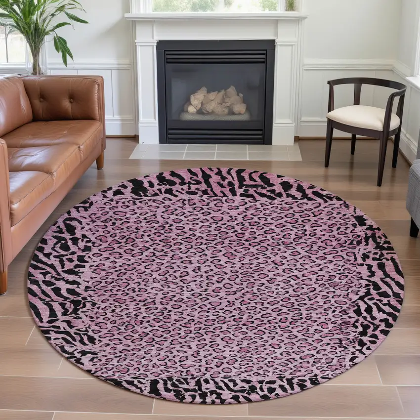 8' X 8' Pink And Black Animal Print Washable Round Rug With UV Protection Photo 4