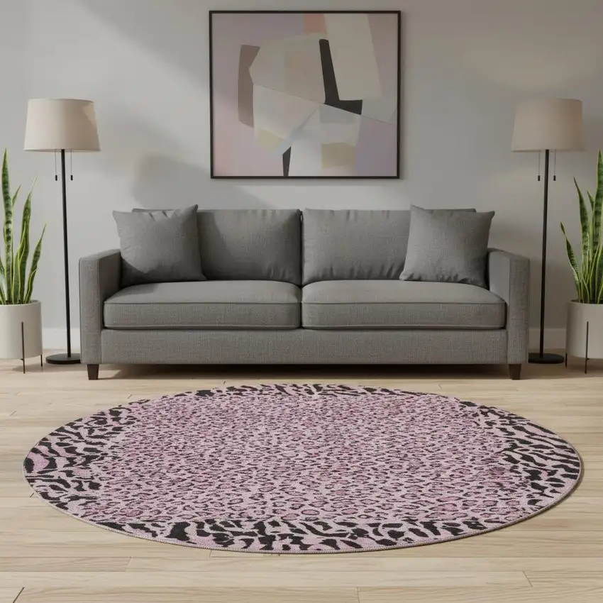 8' X 8' Pink And Black Animal Print Washable Round Rug With UV Protection Photo 1