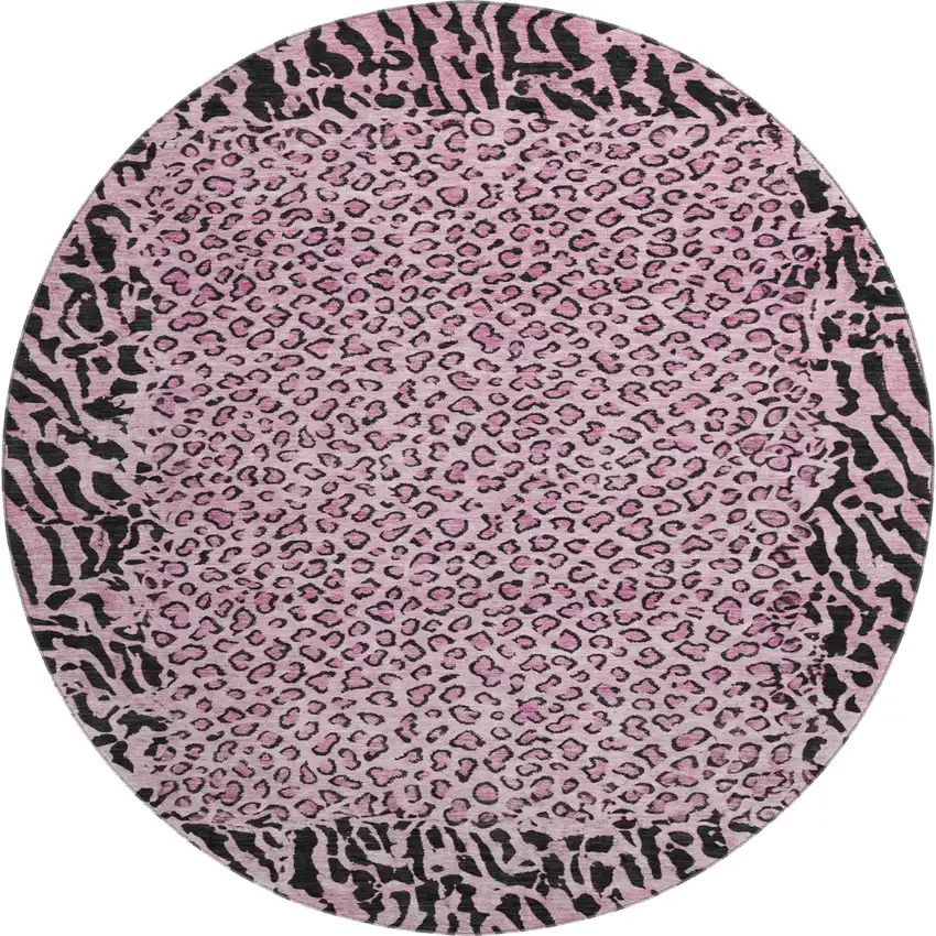 8' X 8' Pink And Black Animal Print Washable Round Rug With UV Protection Photo 1