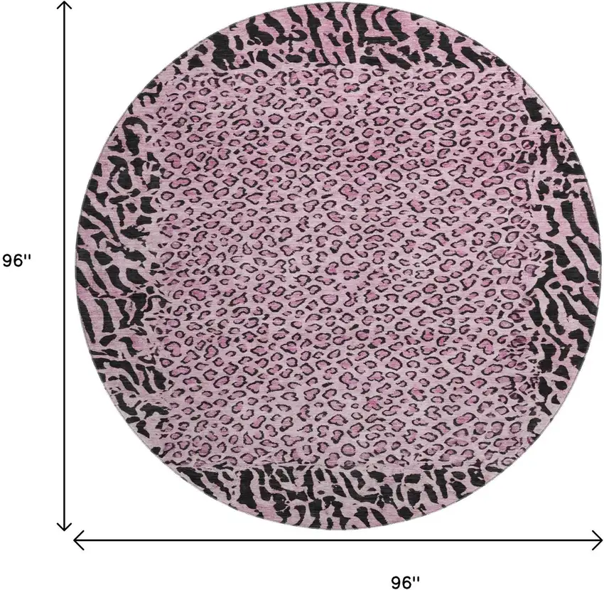8' X 8' Pink And Black Animal Print Washable Round Rug With UV Protection Photo 9