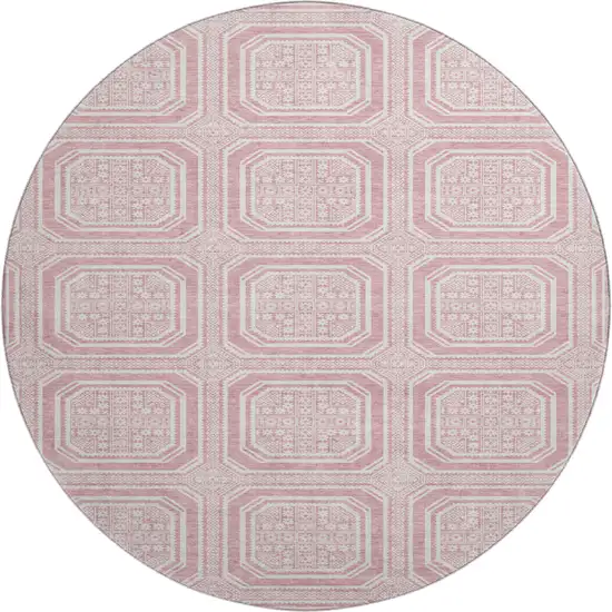 8' X 8' Pink And Ivory Geometric Washable Round Rug With UV Protection Photo 1