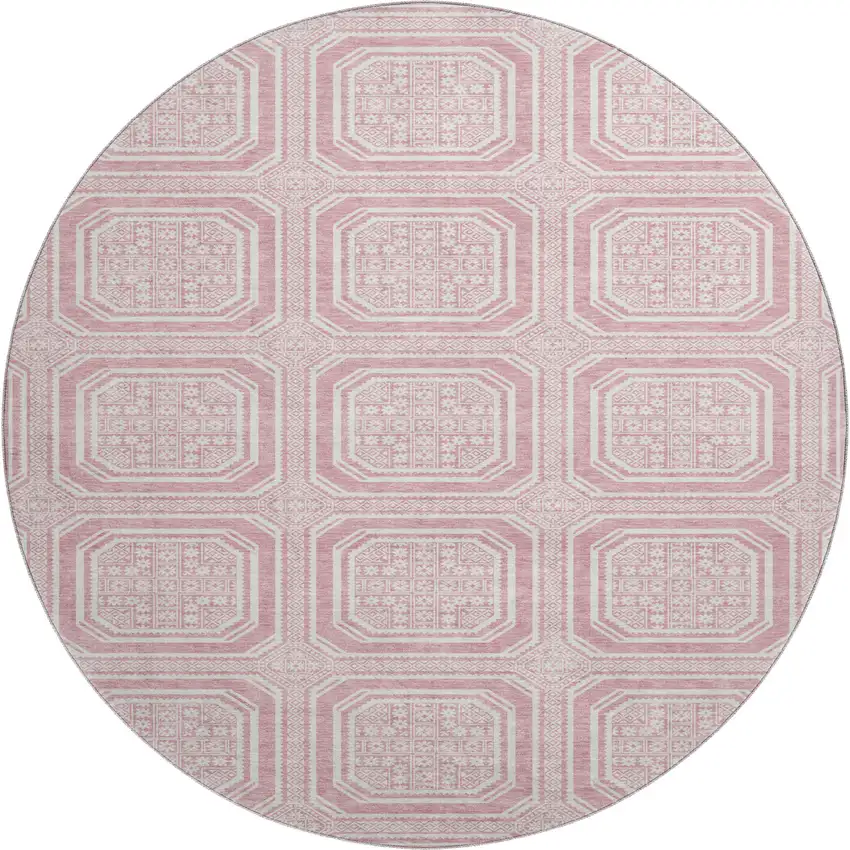 8' X 8' Pink And Ivory Geometric Washable Round Rug With UV Protection Photo 1