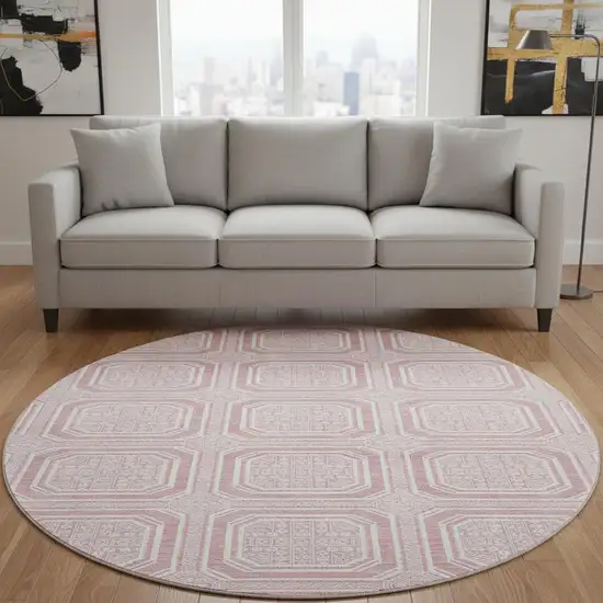 8' X 8' Pink And Ivory Geometric Washable Round Rug With UV Protection Photo 2