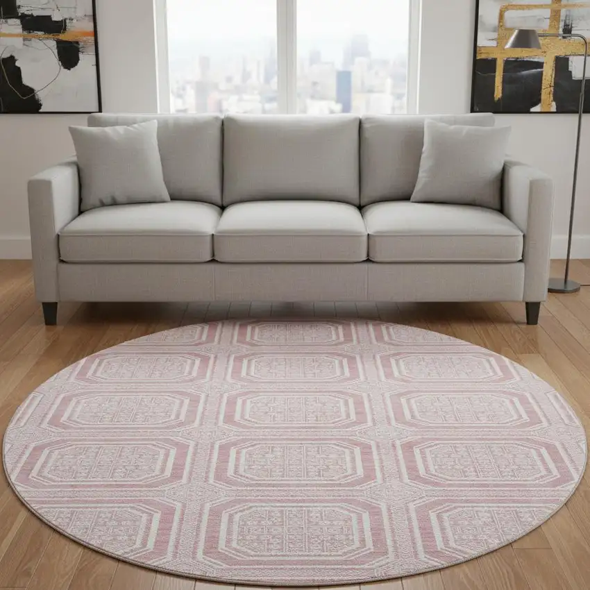 8' X 8' Pink And Ivory Geometric Washable Round Rug With UV Protection Photo 2
