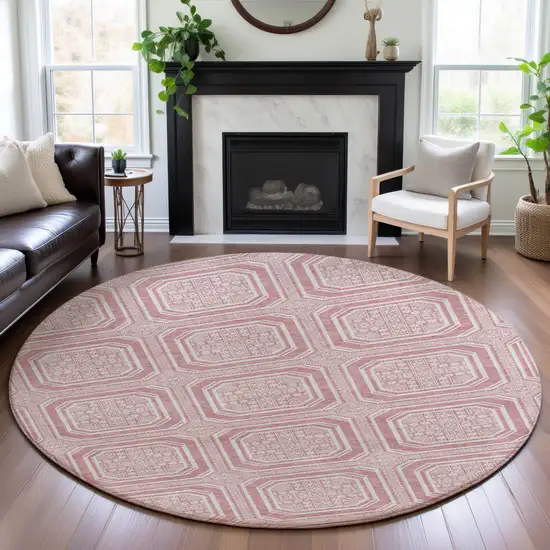 8' X 8' Pink And Ivory Geometric Washable Round Rug With UV Protection Photo 4