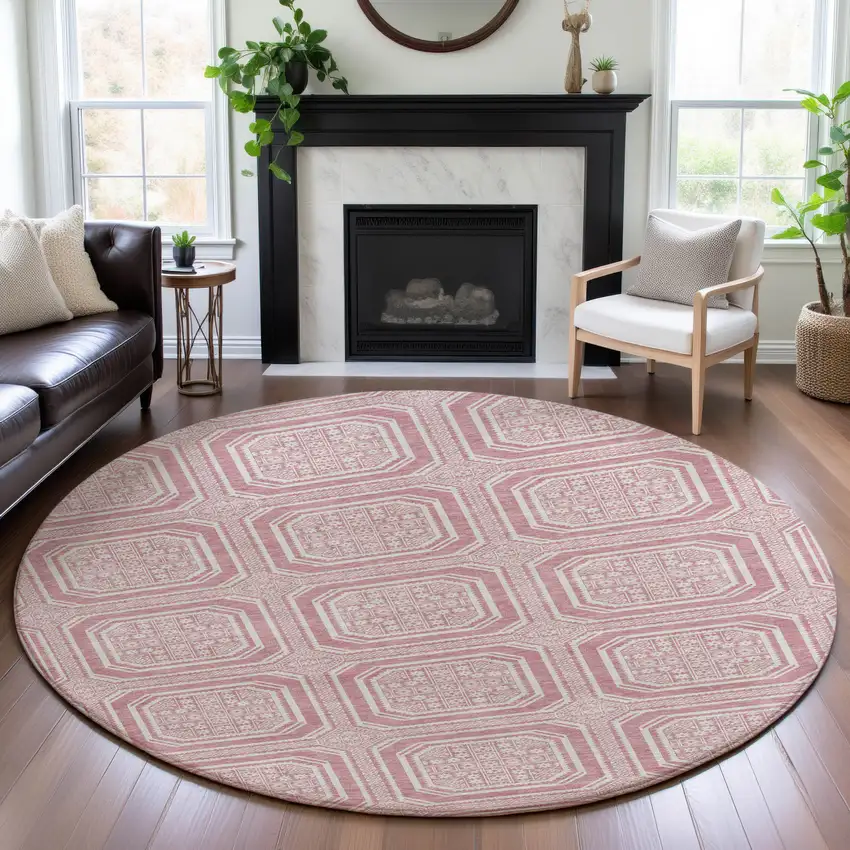 8' X 8' Pink And Ivory Geometric Washable Round Rug With UV Protection Photo 4