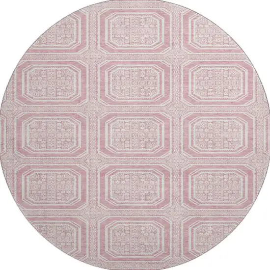8' X 8' Pink And Ivory Geometric Washable Round Rug With UV Protection Photo 3