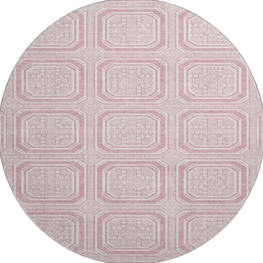 8' X 8' Pink And Ivory Geometric Washable Round Rug With UV Protection Photo 3