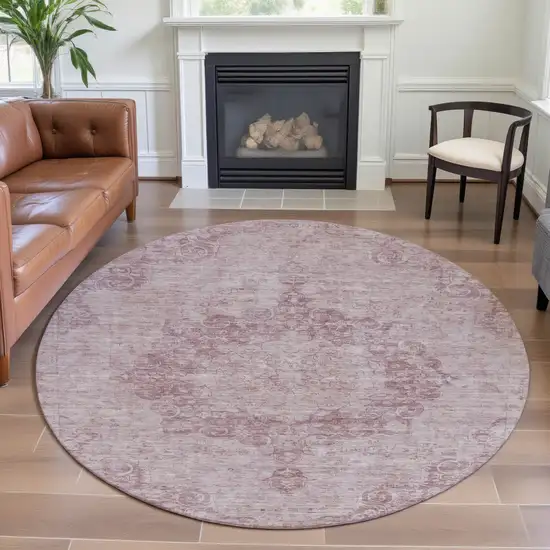 8' X 8' Pink And Ivory Oriental Washable Round Rug With UV Protection Photo 4