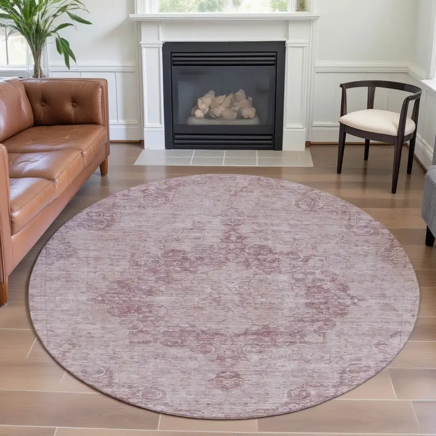 8' X 8' Pink And Ivory Oriental Washable Round Rug With UV Protection Photo 4