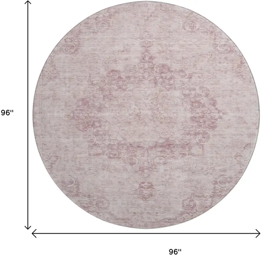 8' X 8' Pink And Ivory Oriental Washable Round Rug With UV Protection Photo 9