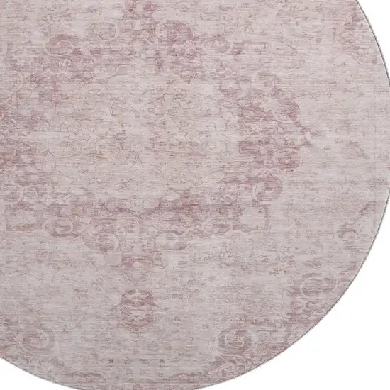 8' X 8' Pink And Ivory Oriental Washable Round Rug With UV Protection Photo 3