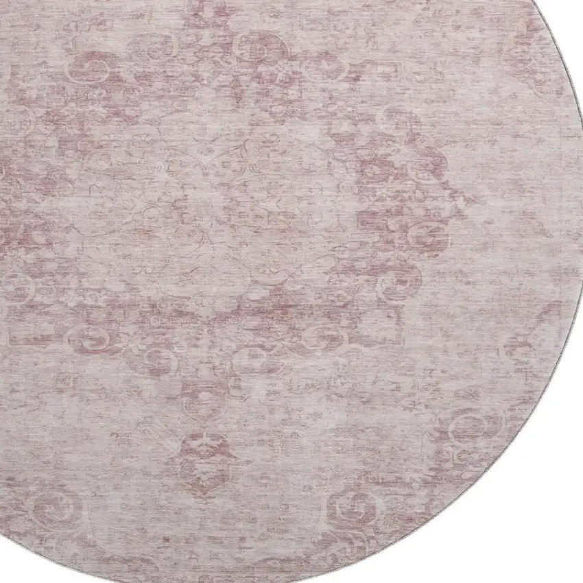 8' X 8' Pink And Ivory Oriental Washable Round Rug With UV Protection Photo 3
