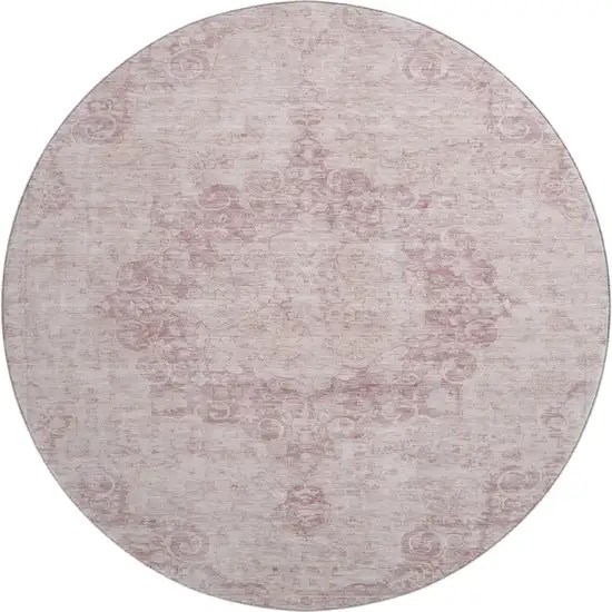 8' X 8' Pink And Ivory Oriental Washable Round Rug With UV Protection Photo 1