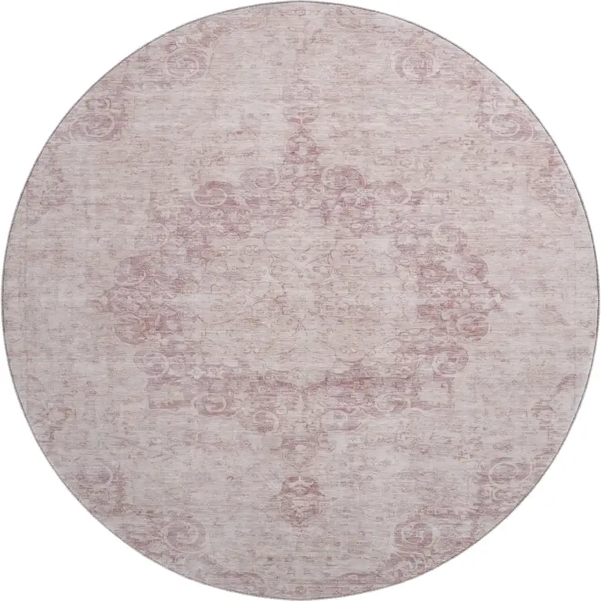 8' X 8' Pink And Ivory Oriental Washable Round Rug With UV Protection Photo 1