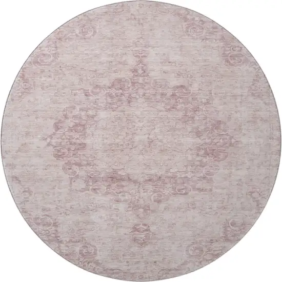 8' X 8' Pink And Ivory Oriental Washable Round Rug With UV Protection Photo 2