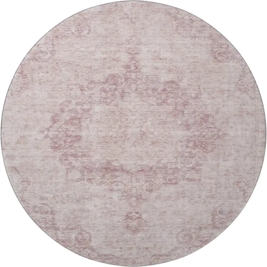 8' X 8' Pink And Ivory Oriental Washable Round Rug With UV Protection Photo 2