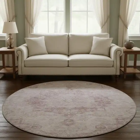 8' X 8' Pink And Ivory Oriental Washable Round Rug With UV Protection Photo 2