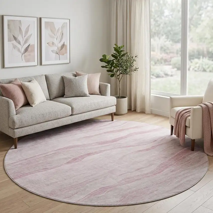 8' X 8' Pink And Ivory Striped Washable Round Rug With UV Protection Photo 1