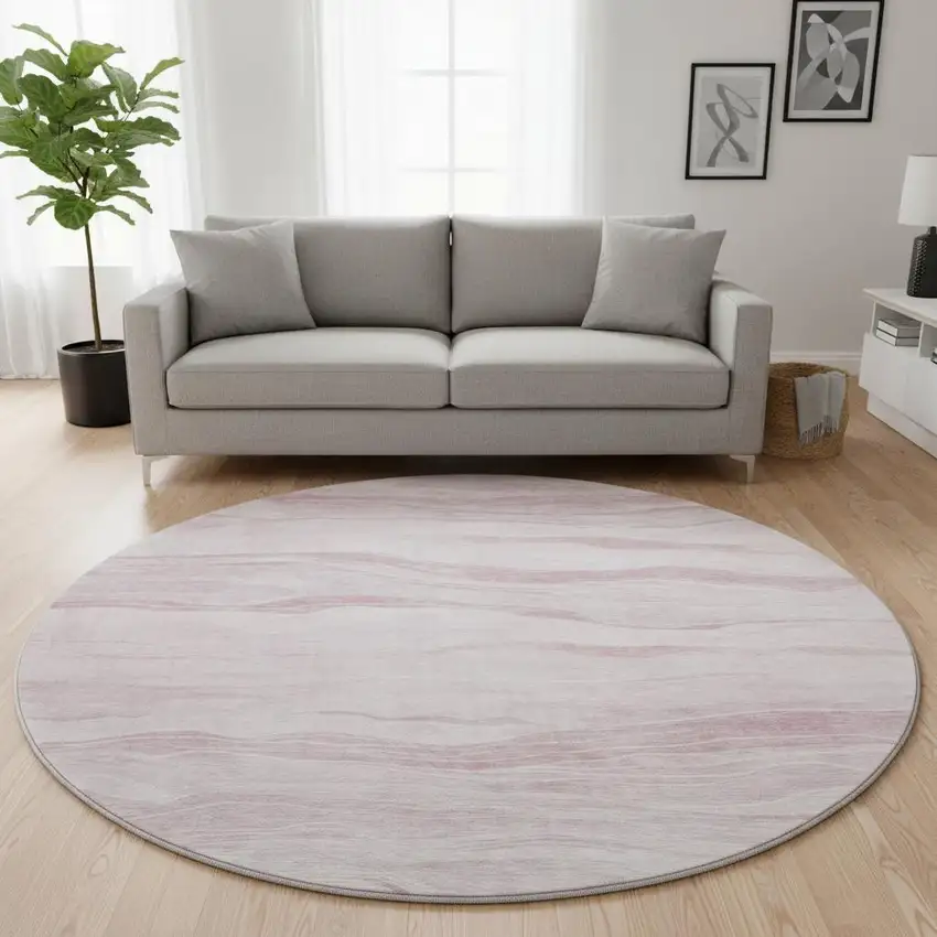 8' X 8' Pink And Ivory Striped Washable Round Rug With UV Protection Photo 2