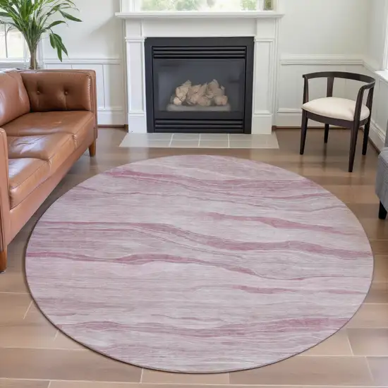 8' X 8' Pink And Ivory Striped Washable Round Rug With UV Protection Photo 4